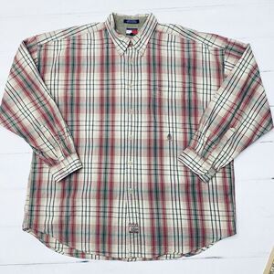 Vtg Tommy Hilfiger Mens Button Down Logo Cotton Shirt Cream Tan Plaid Size XL